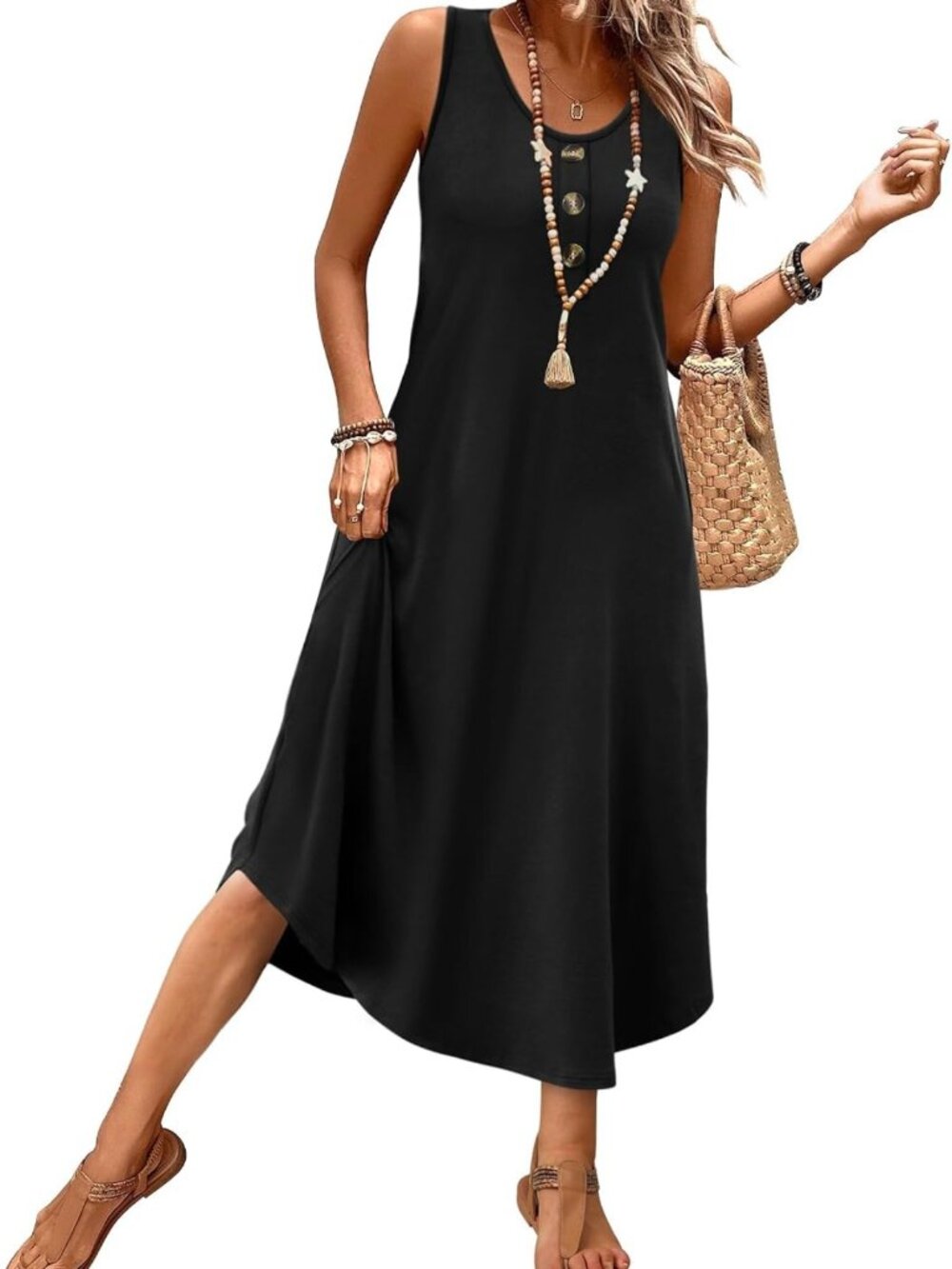 Casual Midi Dress for Women - Sleeveless Button Front Summer Sundress with